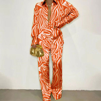 Set 2 piese asortat pentru femei din satin cu imprimeu elegant, toamna 2022, ocazional, cămașă cu mânecă lungă, pantaloni, set de costume pentru femei, topuri largi ținute