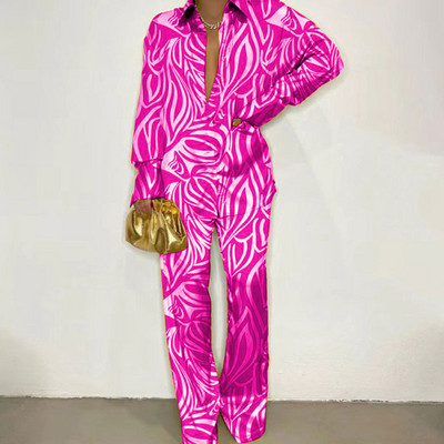 Set 2 piese asortat pentru femei din satin cu imprimeu elegant, toamna 2022, ocazional, cămașă cu mânecă lungă, pantaloni, set de costume pentru femei, topuri largi ținute