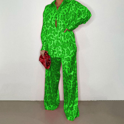 Set 2 piese asortat pentru femei din satin cu imprimeu elegant, toamna 2022, ocazional, cămașă cu mânecă lungă, pantaloni, set de costume pentru femei, topuri largi ținute