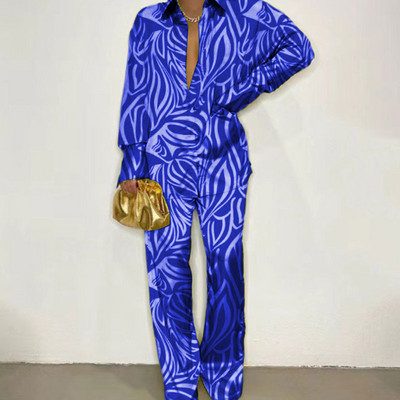 Set 2 piese asortat pentru femei din satin cu imprimeu elegant, toamna 2022, ocazional, cămașă cu mânecă lungă, pantaloni, set de costume pentru femei, topuri largi ținute