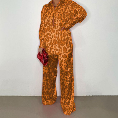 Set 2 piese asortat pentru femei din satin cu imprimeu elegant, toamna 2022, ocazional, cămașă cu mânecă lungă, pantaloni, set de costume pentru femei, topuri largi ținute