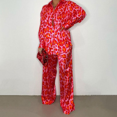 Set 2 piese asortat pentru femei din satin cu imprimeu elegant, toamna 2022, ocazional, cămașă cu mânecă lungă, pantaloni, set de costume pentru femei, topuri largi ținute