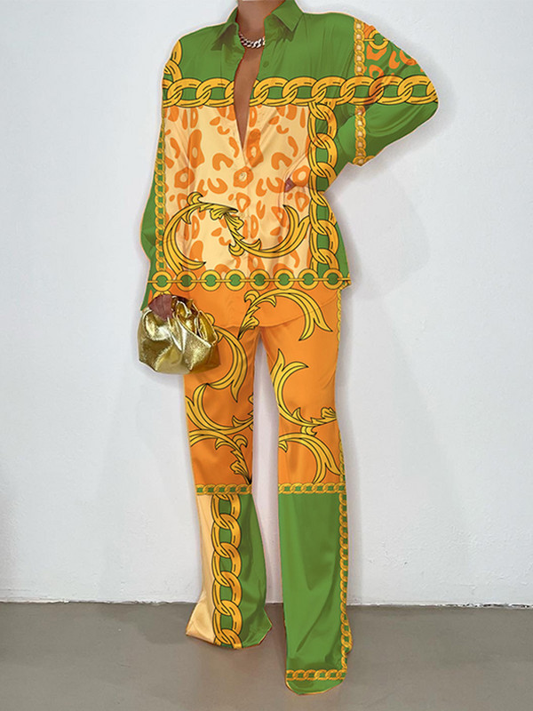 Set 2 piese asortat pentru femei din satin cu imprimeu elegant, toamna 2022, ocazional, cămașă cu mânecă lungă, pantaloni, set de costume pentru femei, topuri largi ținute