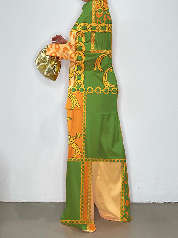 Set 2 piese asortat pentru femei din satin cu imprimeu elegant, toamna 2022, ocazional, cămașă cu mânecă lungă, pantaloni, set de costume pentru femei, topuri largi ținute