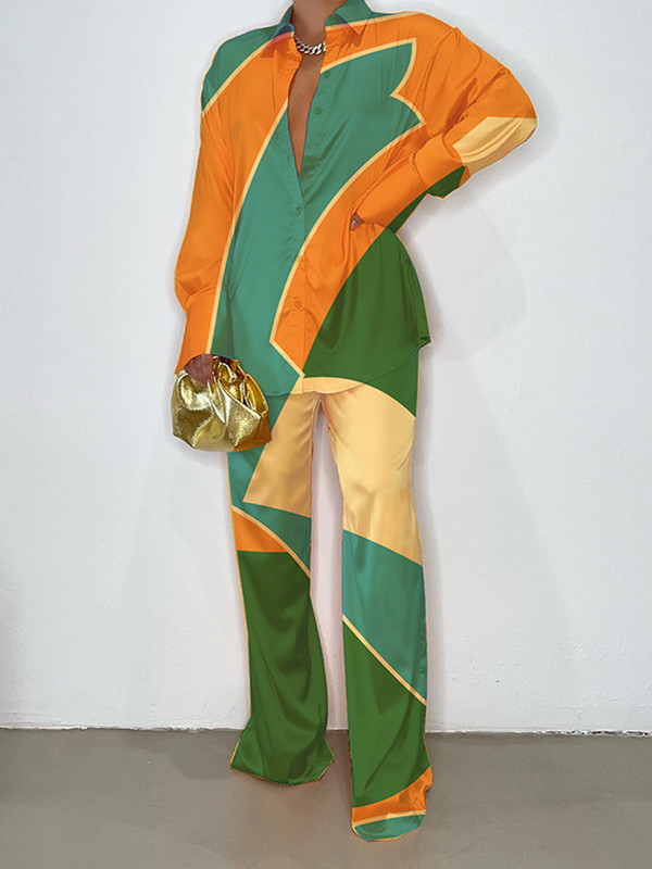 Set 2 piese asortat pentru femei din satin cu imprimeu elegant, toamna 2022, ocazional, cămașă cu mânecă lungă, pantaloni, set de costume pentru femei, topuri largi ținute