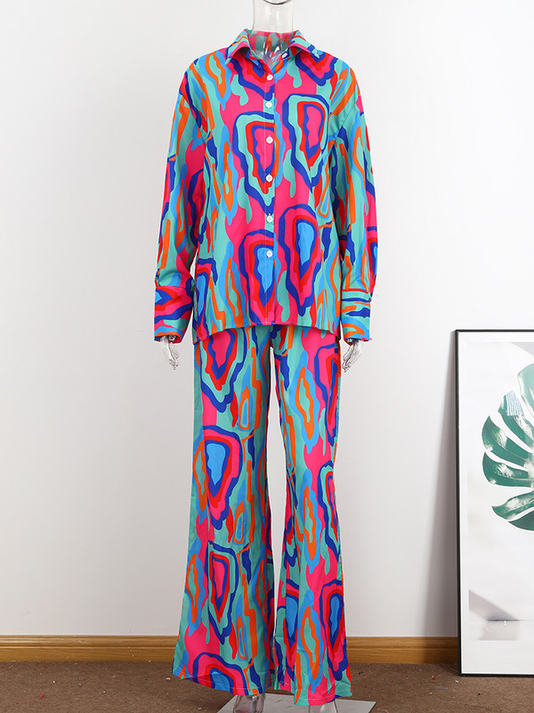 Set 2 piese asortat pentru femei din satin cu imprimeu elegant, toamna 2022, ocazional, cămașă cu mânecă lungă, pantaloni, set de costume pentru femei, topuri largi ținute