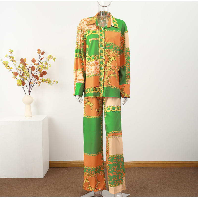 Set 2 piese asortat pentru femei din satin cu imprimeu elegant, toamna 2022, ocazional, cămașă cu mânecă lungă, pantaloni, set de costume pentru femei, topuri largi ținute