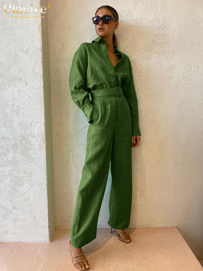 Clacive Zimski labavi zeleni pamučni kompleti od 2 komada Ženska odjeća Modna košulja dugih rukava s hlačama visokog struka Ženska ulična odjeća