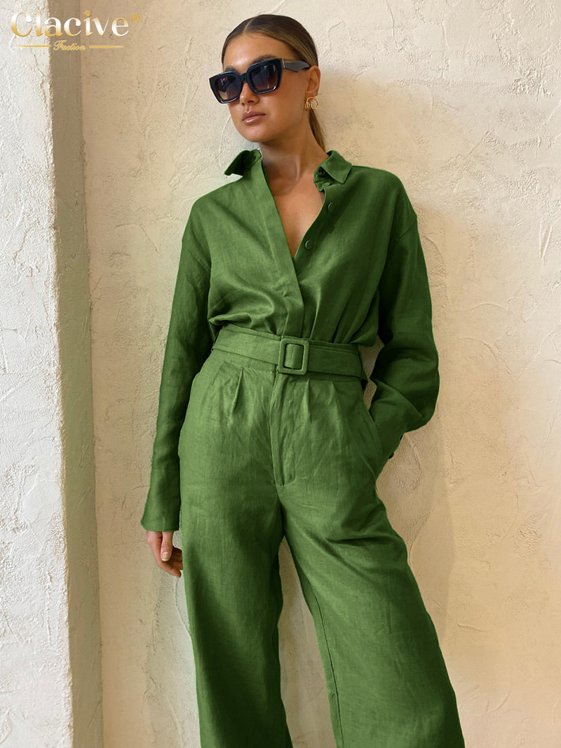 Clacive Zimski labavi zeleni pamučni kompleti od 2 komada Ženska odjeća Modna košulja dugih rukava s hlačama visokog struka Ženska ulična odjeća