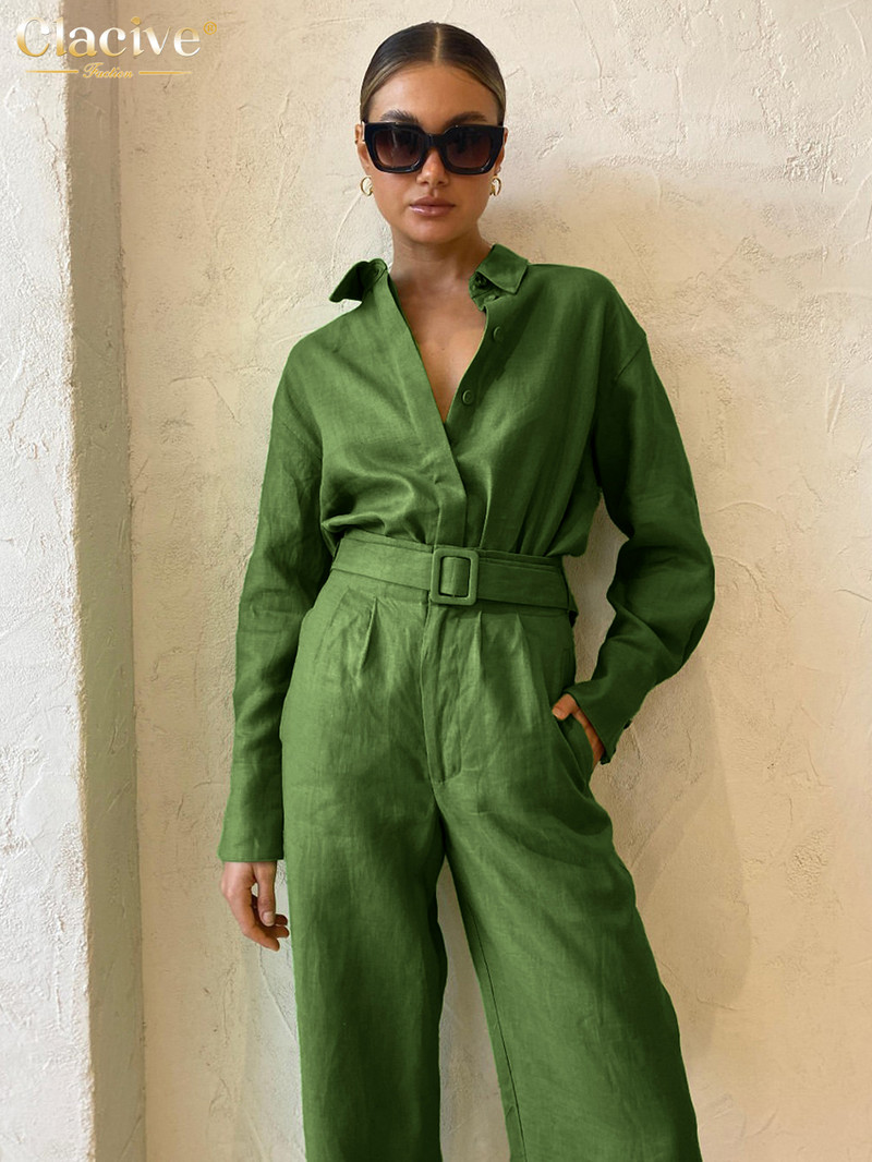 Clacive Zimski labavi zeleni pamučni kompleti od 2 komada Ženska odjeća Modna košulja dugih rukava s hlačama visokog struka Ženska ulična odjeća