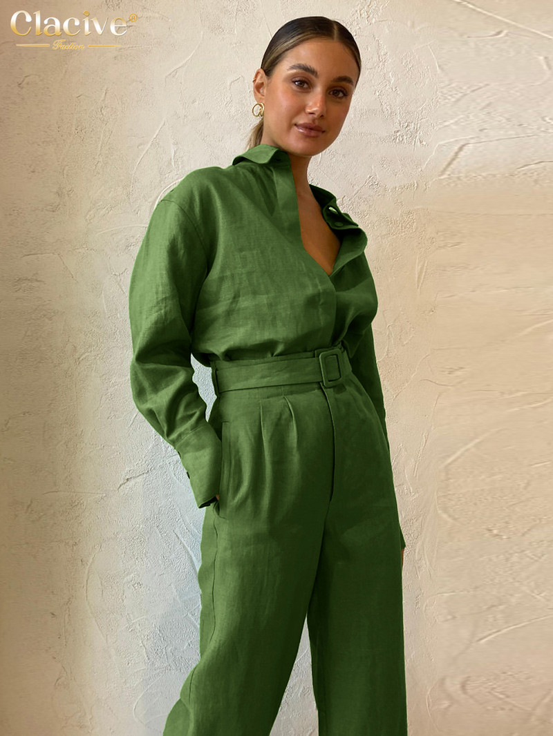 Clacive Zimski labavi zeleni pamučni kompleti od 2 komada Ženska odjeća Modna košulja dugih rukava s hlačama visokog struka Ženska ulična odjeća