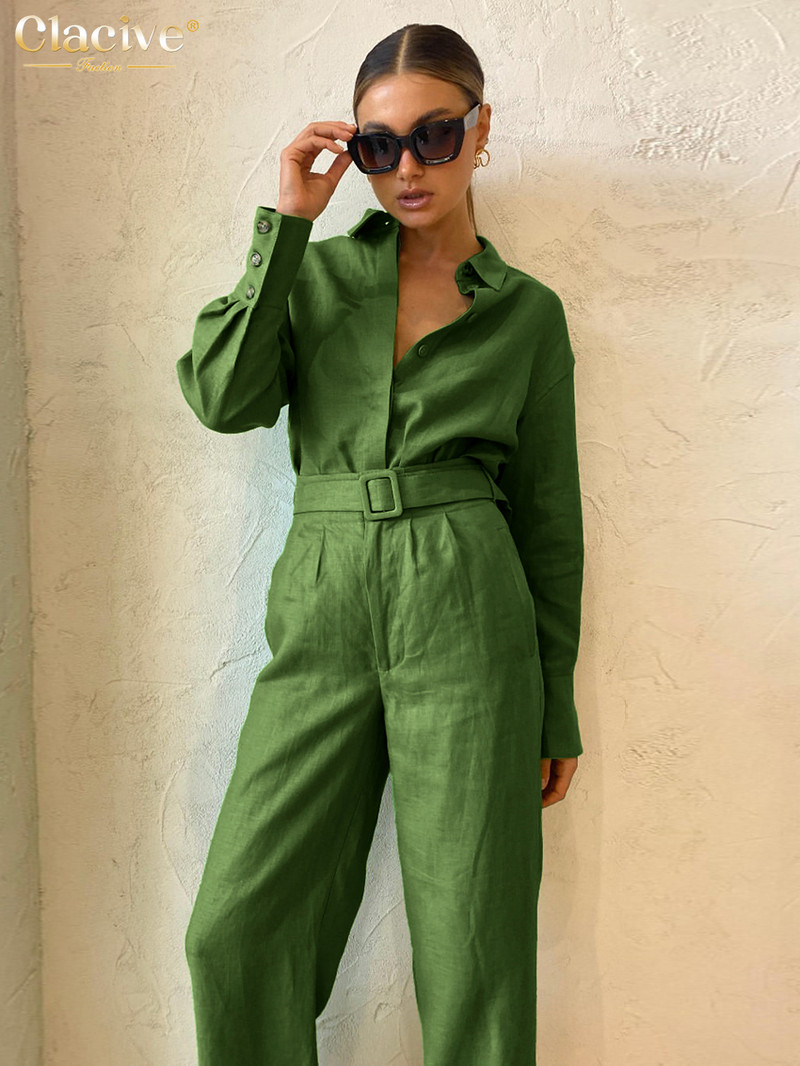 Clacive Zimski labavi zeleni pamučni kompleti od 2 komada Ženska odjeća Modna košulja dugih rukava s hlačama visokog struka Ženska ulična odjeća