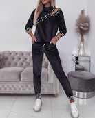 Dvodijelni komplet ženske odjeće, jesenska moda 2023., majica s lažnim izrezom oko vrata s dijamantima i ležerni dnevni set hlača s visokim strukom