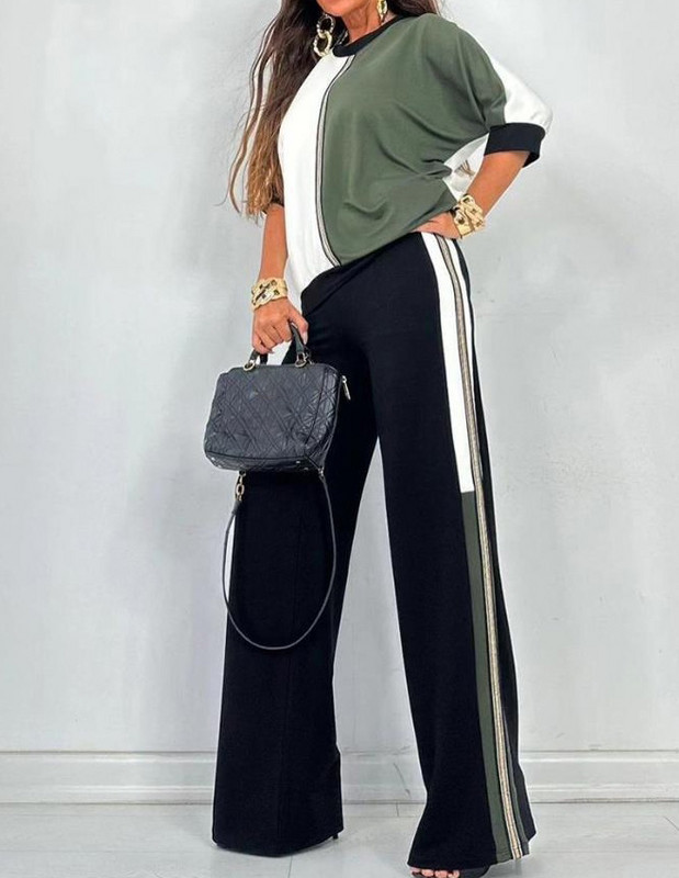 Dvodijelni komplet ženske odjeće Ljeto 2023. Moda u boji s okruglim izrezom s tri četvrtine rukava i ležerni komplet dnevnih hlača širokih nogavica
