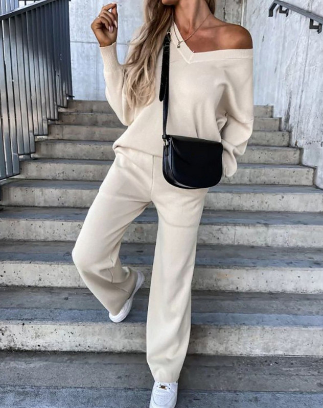 Dvodijelni komplet ženske odjeće 2023. Modni jesenski top s V-izrezom s dugim rukavima i ležerni dnevni set hlača s džepovima Ulična odjeća