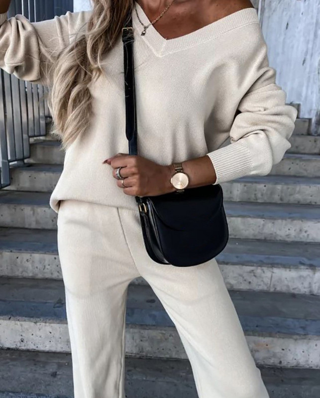 Dvodijelni komplet ženske odjeće 2023. Modni jesenski top s V-izrezom s dugim rukavima i ležerni dnevni set hlača s džepovima Ulična odjeća