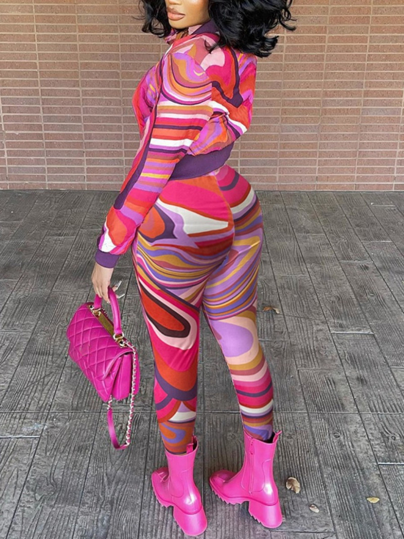 LW Nova jesenska ženska moda za velike veličine, elegantna, s okruglim izrezom, s mješovitim printom, trenirka s visokim strukom, Komplet hlača