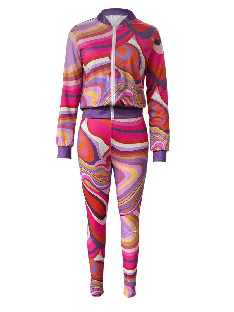 LW Nova jesenska ženska moda za velike veličine, elegantna, s okruglim izrezom, s mješovitim printom, trenirka s visokim strukom, Komplet hlača