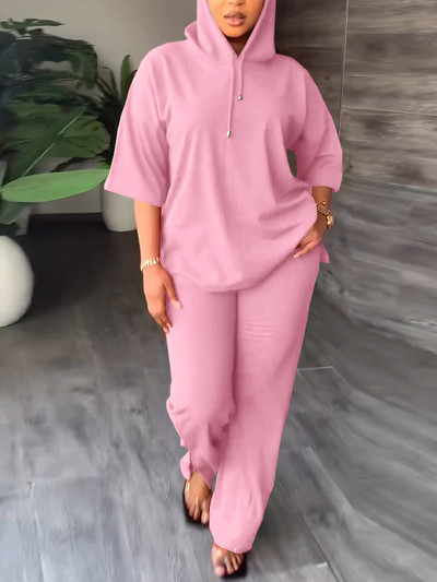 Set de trening casual din două piese pentru femei, cu jumătate de mânecă, cu glugă și pantaloni subțiri