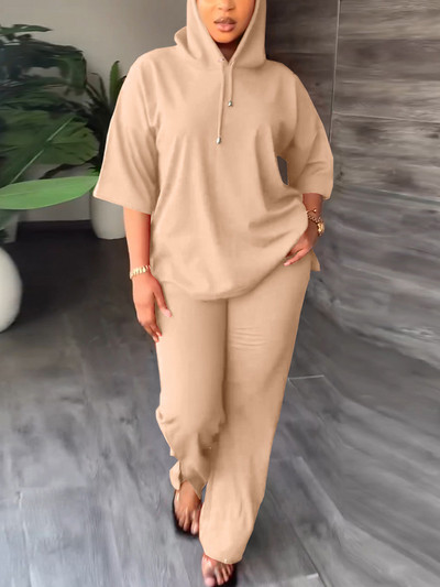 Set de trening casual din două piese pentru femei, cu jumătate de mânecă, cu glugă și pantaloni subțiri