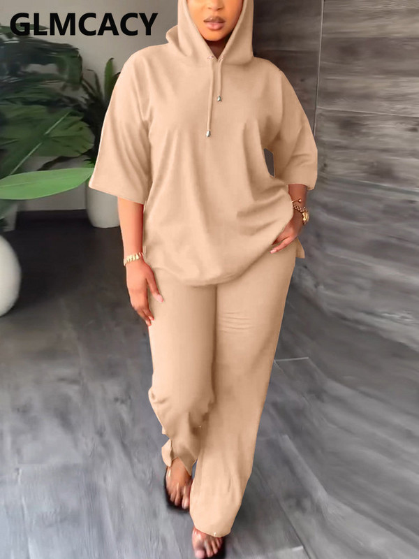 Set de trening casual din două piese pentru femei, cu jumătate de mânecă, cu glugă și pantaloni subțiri