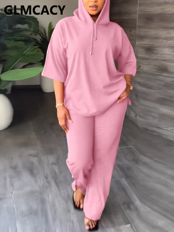 Set de trening casual din două piese pentru femei, cu jumătate de mânecă, cu glugă și pantaloni subțiri