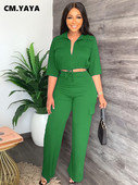 CM.YAYA Elegantni ženski komplet bluza do pola rukava i ravnih širokih safari hlača komplet modne trenirke dvodijelni komplet
