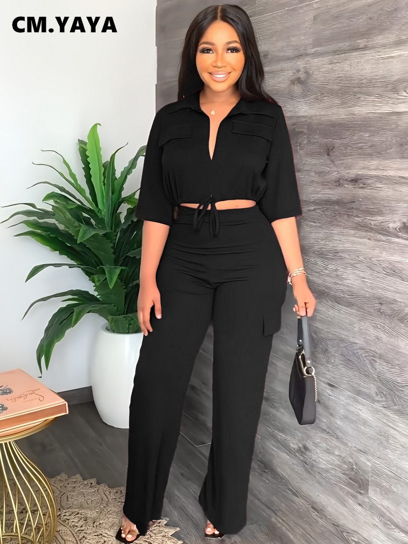 CM.YAYA Elegantni ženski komplet bluza do pola rukava i ravnih širokih safari hlača komplet modne trenirke dvodijelni komplet