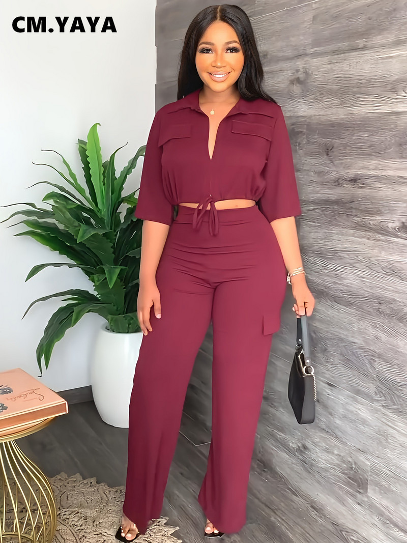 CM.YAYA Elegantni ženski komplet bluza do pola rukava i ravnih širokih safari hlača komplet modne trenirke dvodijelni komplet