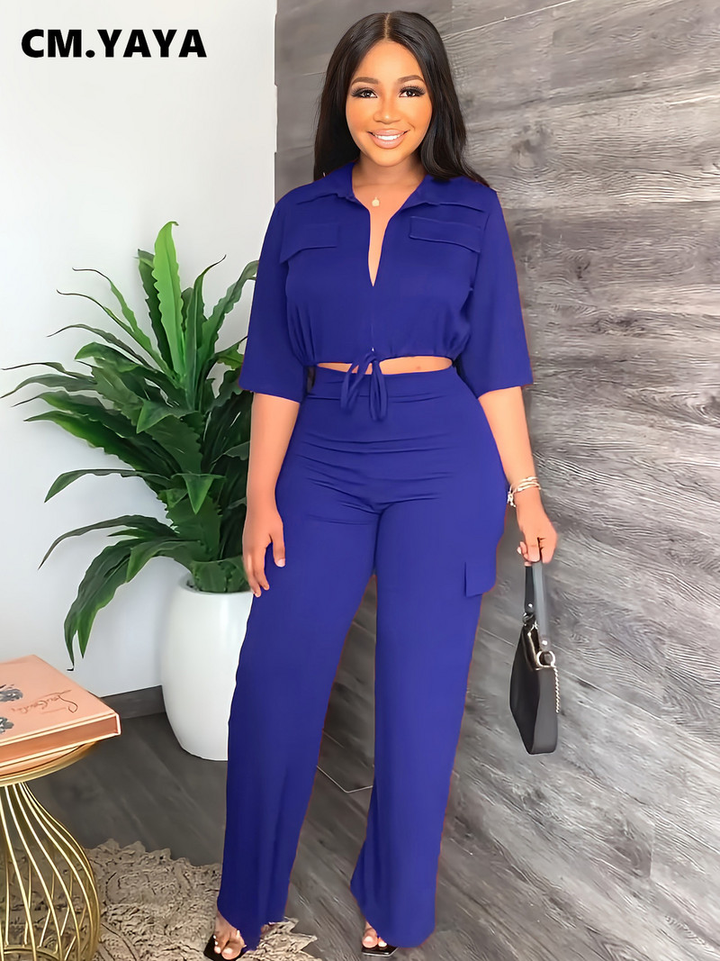 CM.YAYA Elegantni ženski komplet bluza do pola rukava i ravnih širokih safari hlača komplet modne trenirke dvodijelni komplet