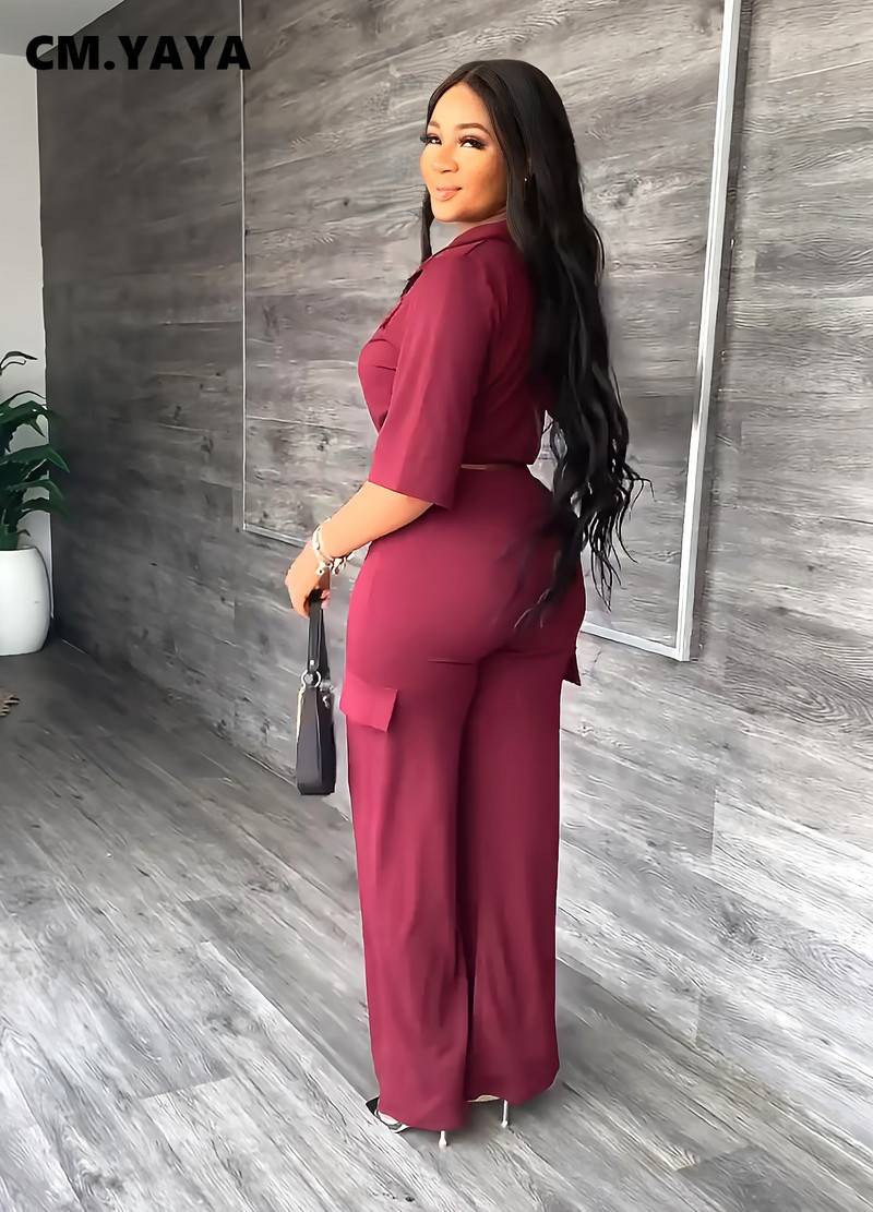 CM.YAYA Elegantni ženski komplet bluza do pola rukava i ravnih širokih safari hlača komplet modne trenirke dvodijelni komplet
