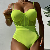 Costum de baie vintage, verde neon, 2023, pentru femei, decupat, cu sârmă, cu sârmă, fără spate, subțire, costum de baie cu nervuri