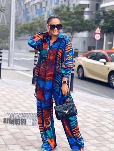 Fashion Print 2 dalių kelnių rinkiniai Moteriški Elegantiški ilgomis rankovėmis Palaidinės Plačios kelnių rinkinys Sportiniai kostiumai Apranga Moteriški dviejų dalių kostiumai