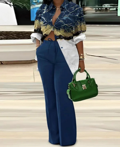 Jesenná módna potlač dvojdielna súprava pre ženy ležérna voľná košeľa s dlhým rukávom a širokými nohavicami