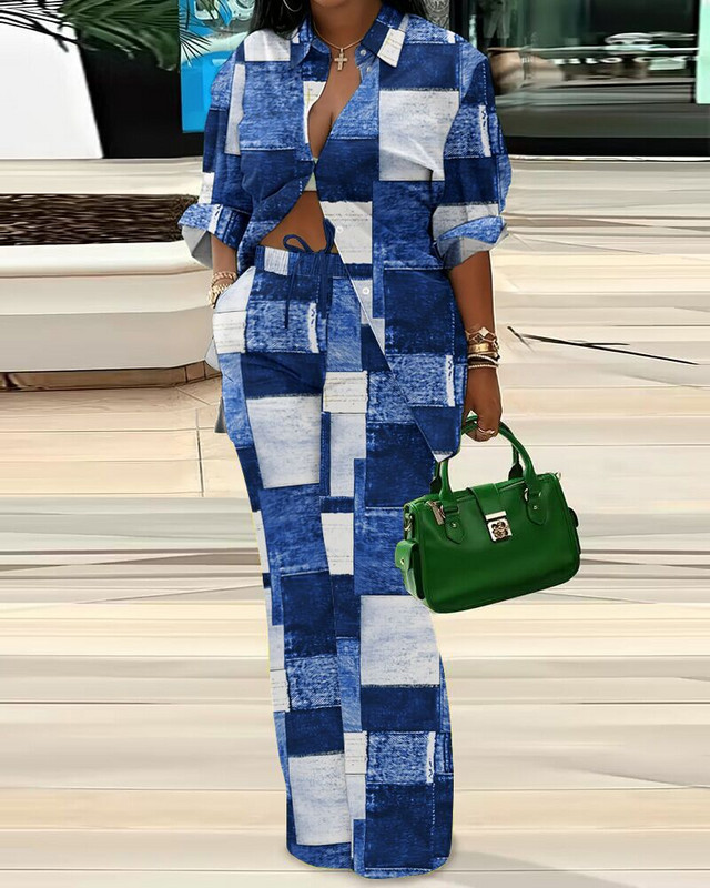 Jesenná módna potlač dvojdielna súprava pre ženy ležérna voľná košeľa s dlhým rukávom a širokými nohavicami