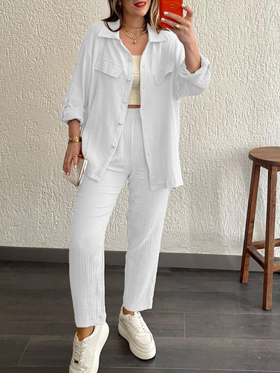 Jednobojni plisirani dvodijelni set za žene Jesen 2023. Trenirke Ležerni kompleti hlača dugih rukava Modna odjeća na gumbe Odijelo Ulična odjeća