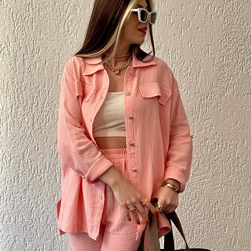 Jednobojni plisirani dvodijelni set za žene Jesen 2023. Trenirke Ležerni kompleti hlača dugih rukava Modna odjeća na gumbe Odijelo Ulična odjeća