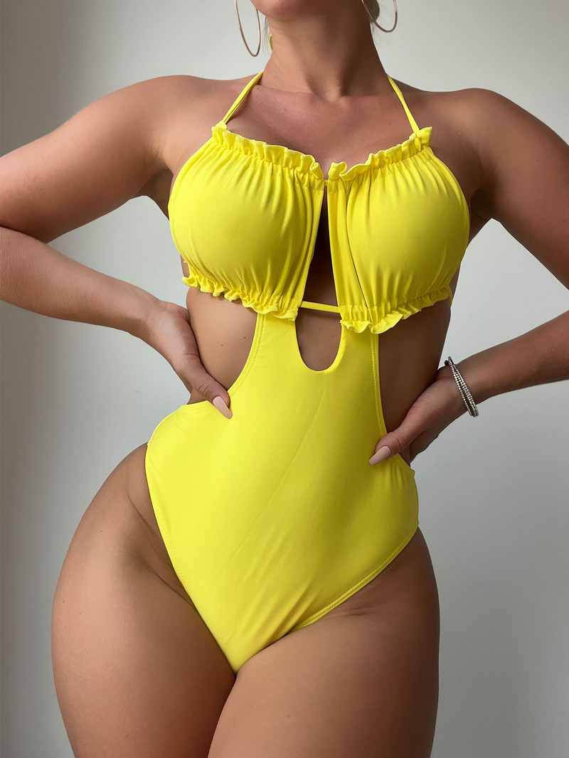 Szexi hollow Out egyrészes fürdőruha 2023 női tömör sárga fodros Push Up hát nélküli szoknya fürdőruha strandfürdőruha Monikini