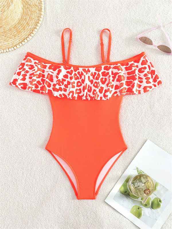 Seksikas volangidega ühes tükis naiste ujumistrikoo, 2023. aasta õlgadeta oranž leopardimustriga Tummy Control ujumisriided Push Up ujumiskostüüm Monokini