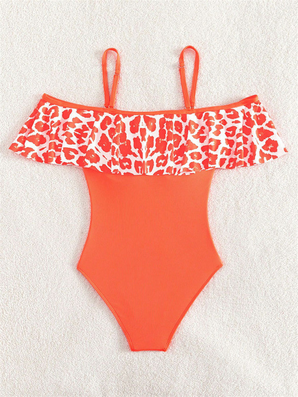 Seksikas volangidega ühes tükis naiste ujumistrikoo, 2023. aasta õlgadeta oranž leopardimustriga Tummy Control ujumisriided Push Up ujumiskostüüm Monokini