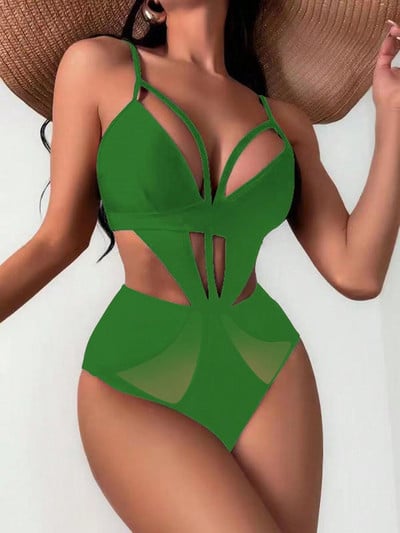 Jednodijelni kupaći kostim Ženski kupaći kostim 2023. Novi jednobojni, žarko ružičasti mrežasti patchwok monokin seksi kupaći kostim Brazilska odjeća za plažu