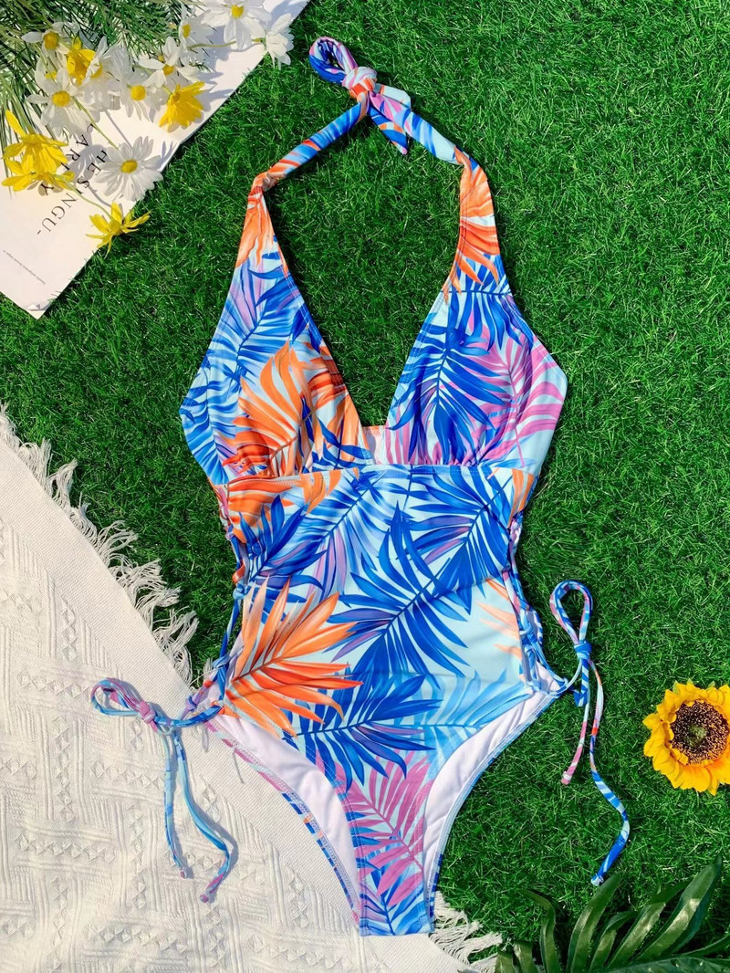 Costum de baie cu imprimeu floral albastru de epocă 2023, pentru femei, cu decolteu în V, bandaj lateral, pentru controlul burticii, costum de baie, costum de baie, monokini