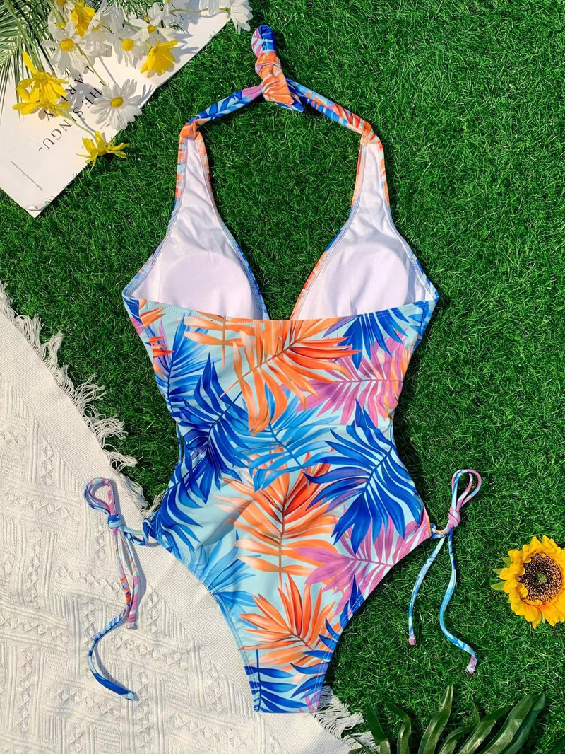 Costum de baie cu imprimeu floral albastru de epocă 2023, pentru femei, cu decolteu în V, bandaj lateral, pentru controlul burticii, costum de baie, costum de baie, monokini