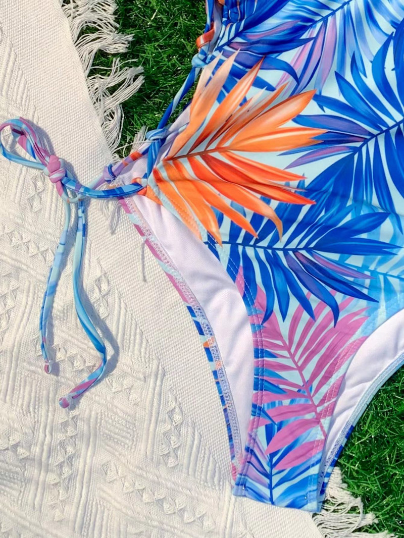 Costum de baie cu imprimeu floral albastru de epocă 2023, pentru femei, cu decolteu în V, bandaj lateral, pentru controlul burticii, costum de baie, costum de baie, monokini