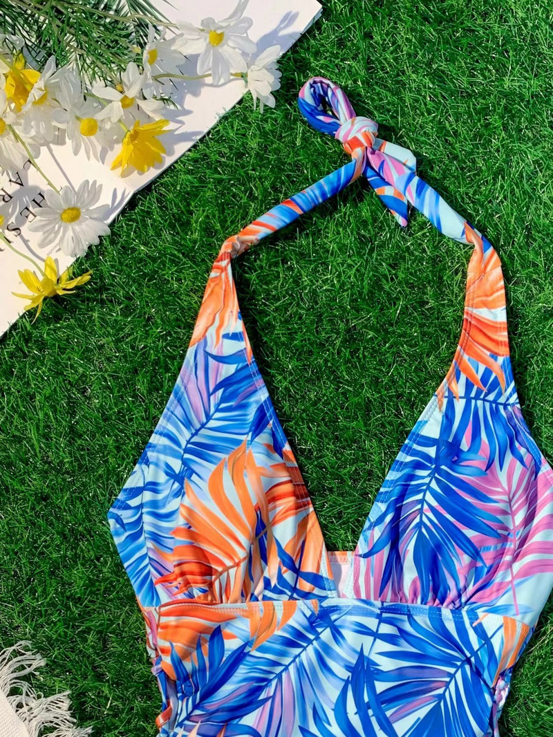 Costum de baie cu imprimeu floral albastru de epocă 2023, pentru femei, cu decolteu în V, bandaj lateral, pentru controlul burticii, costum de baie, costum de baie, monokini