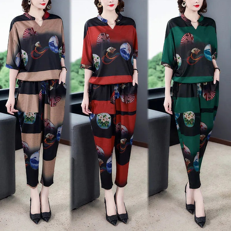 Žensko odijelo s harem hlačama s pola rukava, ležerno slobodno, dvodijelni komplet veličine 5xl, ženska korejska ljetna odjeća za nove mame 2021.