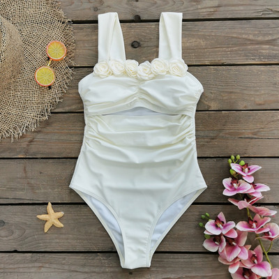 Costum de baie sexy, alb, dintr-o bucată, 2024, nou, pliuri florale 3D, costum de baie pentru controlul burticii, costum de baie, monokini