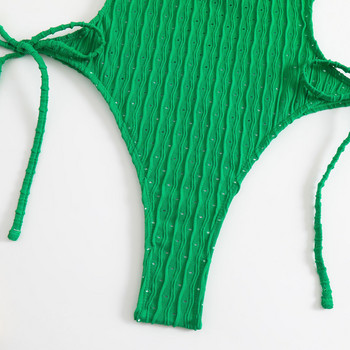 Ολόσωμο γυναικείο μαγιό 2023 Δαντελένιο συνονθύλευμα Πράσινο κοίλο στρινγκ Μαγιό παραλίας Μονόκινι με γραβάτα στο πλάι χωρίς πλάτη