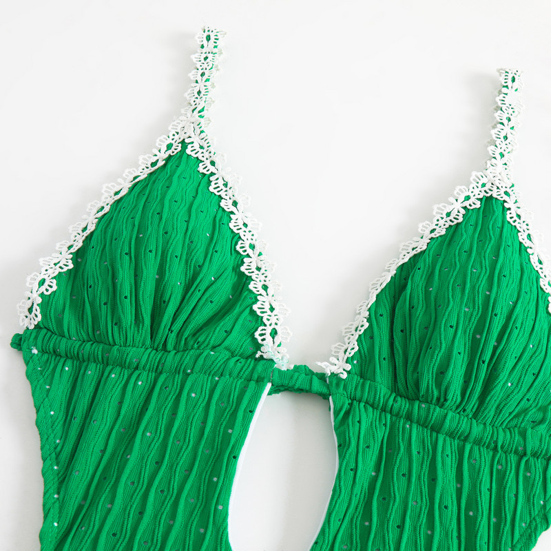 Ühes tükis naiste ujumistrikoo, 2023. aasta pitsist lapiga, rohelised õõnsad stringid, ujumisriided rannas ujumisriided, lips küljelt seljata monokini