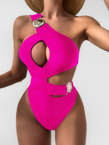 Σέξι γυναικείο μαγιό με έναν ώμο 2023 μονόχρωμο μαύρο καυτό ροζ κούφιο κούφιο αγκράφα Ολόσωμο μαγιό Μονοκίνι χωρίς πλάτη